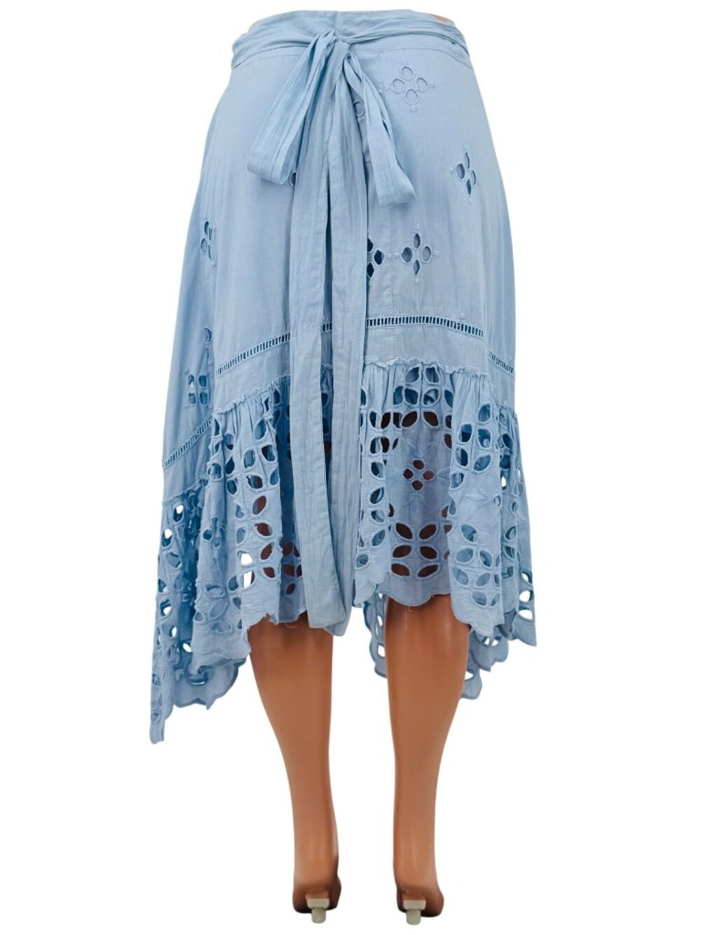 Free People Blue Eyelet Tie Waist Midi Wrap Skirt L | Coastal Boho Cottagecore - Picture 7 of 16